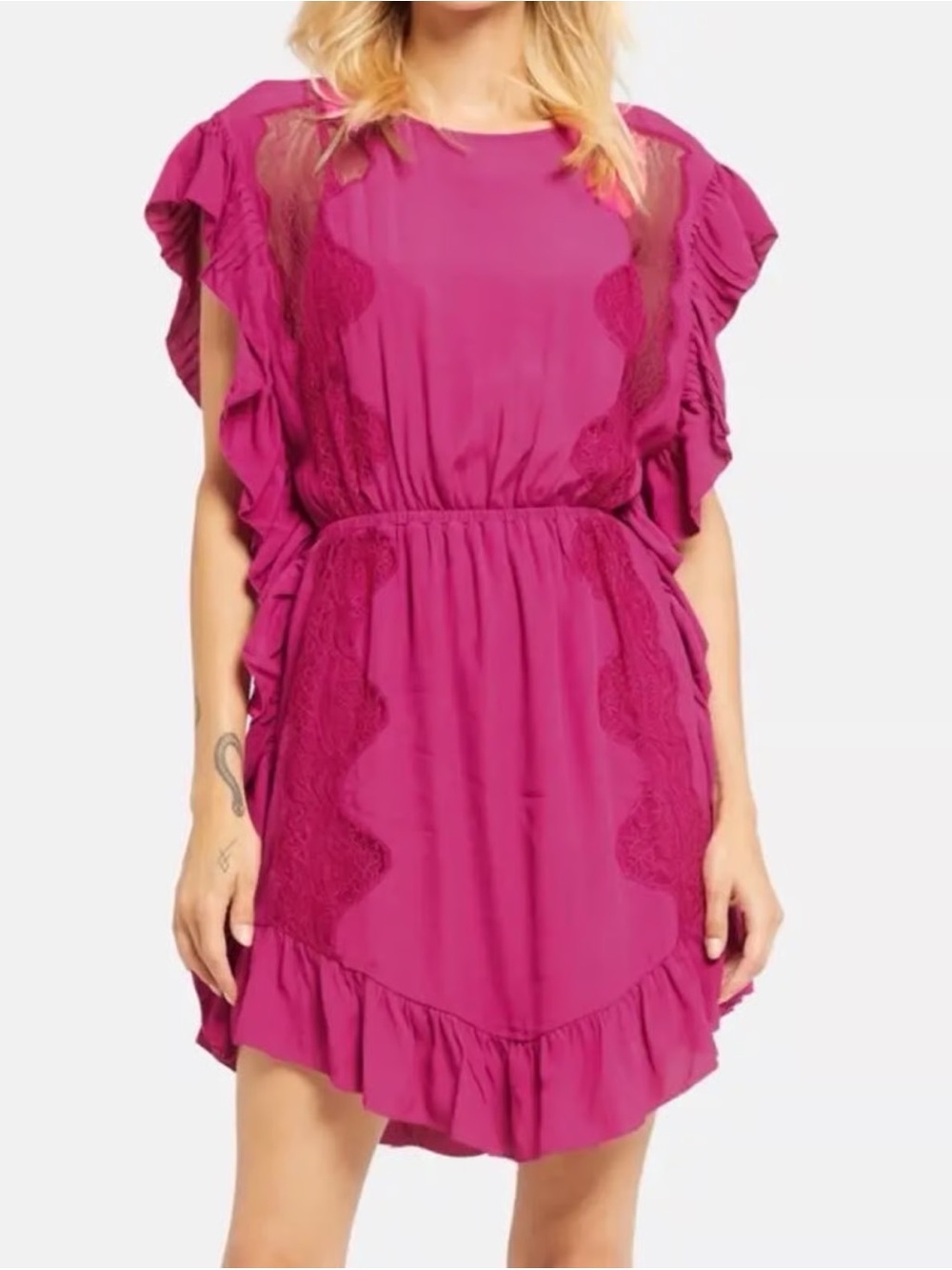 NWT! IRO Zestful Fuchsia Ruffle Lace Mini Dress - S